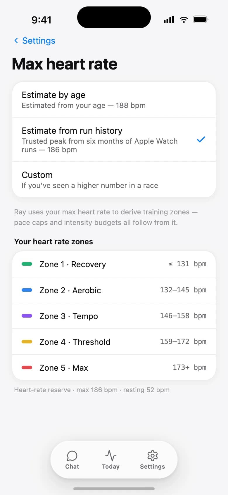 Rayvik max heart rate settings showing age, Apple Watch run-history and custom options
