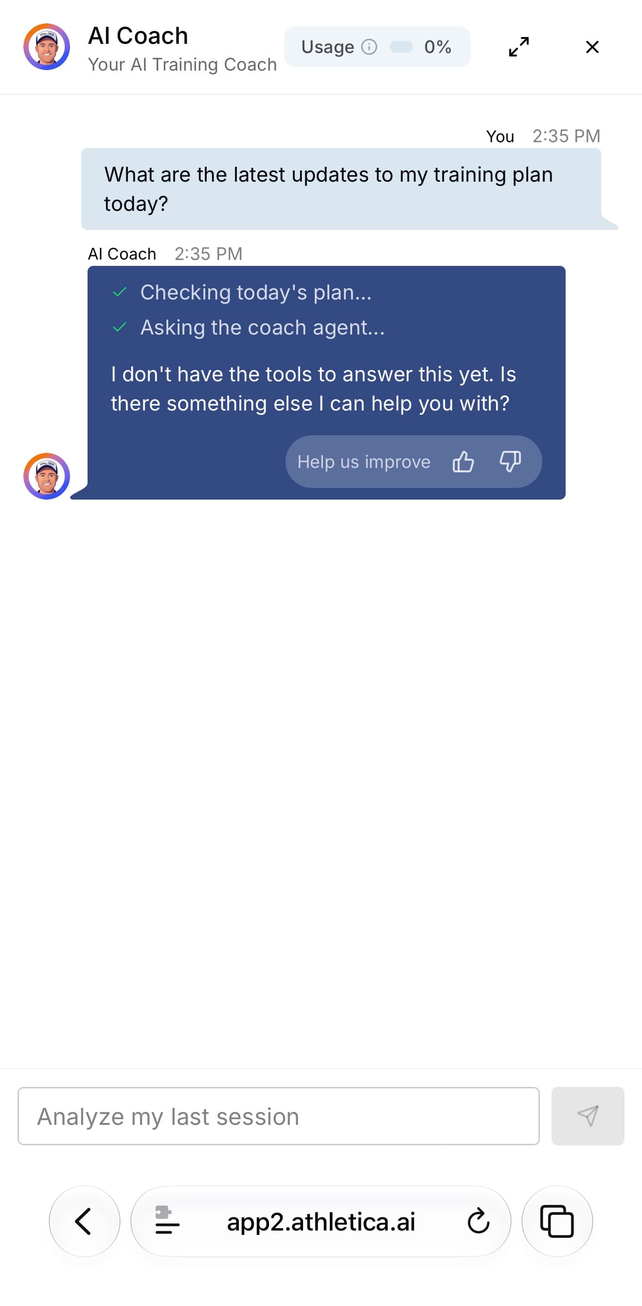 Athletica AI Coach in my browser saying it does not have the tools to answer my plan-update question