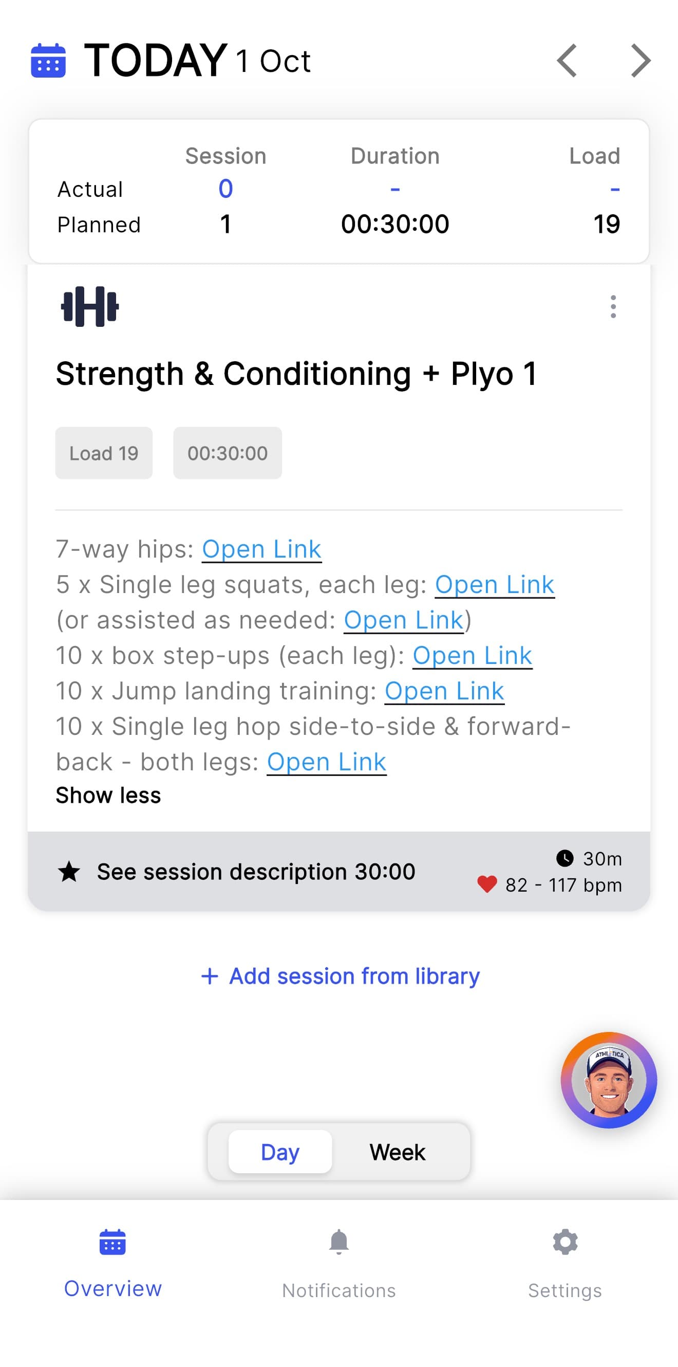 My Athletica strength session with Open Link exercise-video links