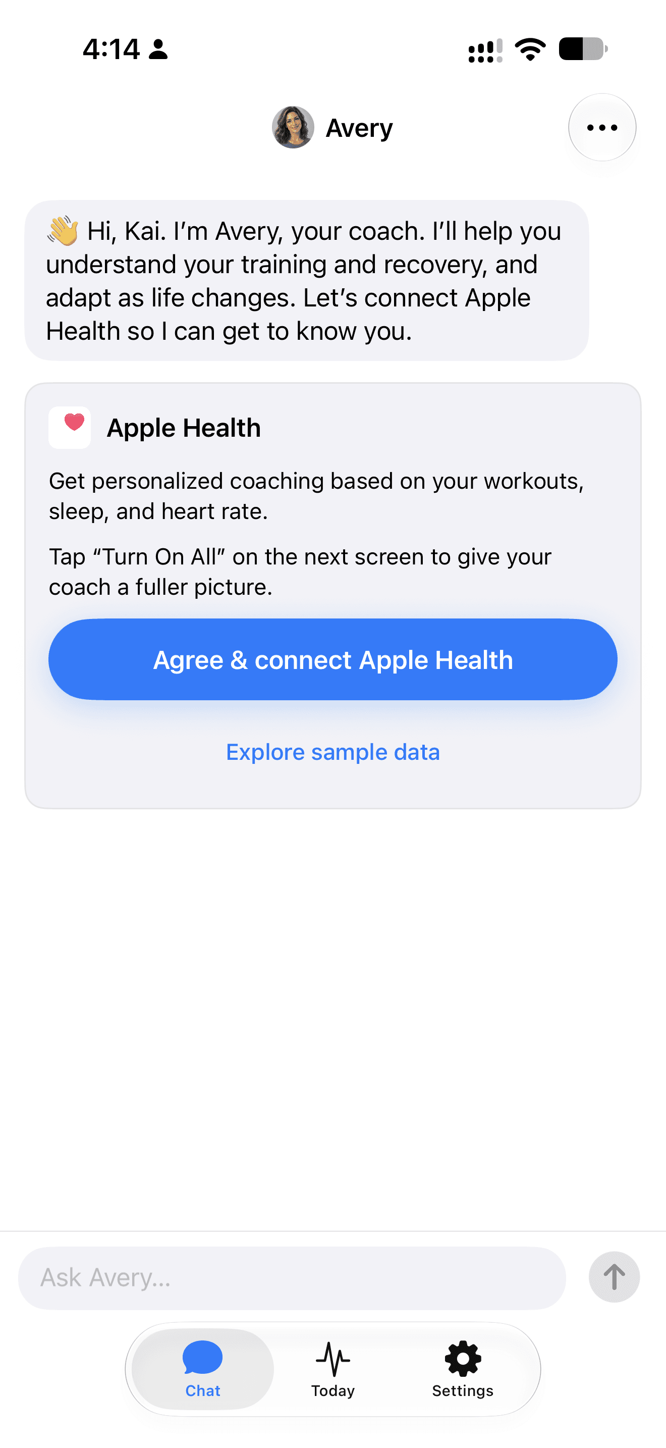 My Rayvik account with Avery's name and avatar and the Apple Health connection step
