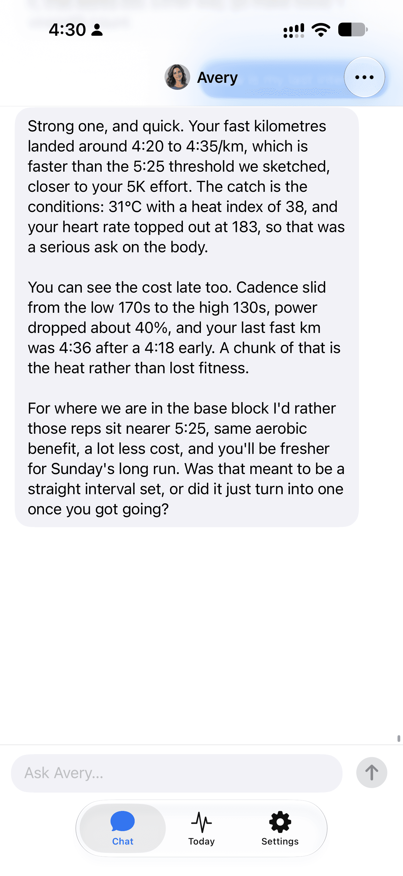 Avery's review of my run discussing pace, heat, heart rate and the upcoming long run