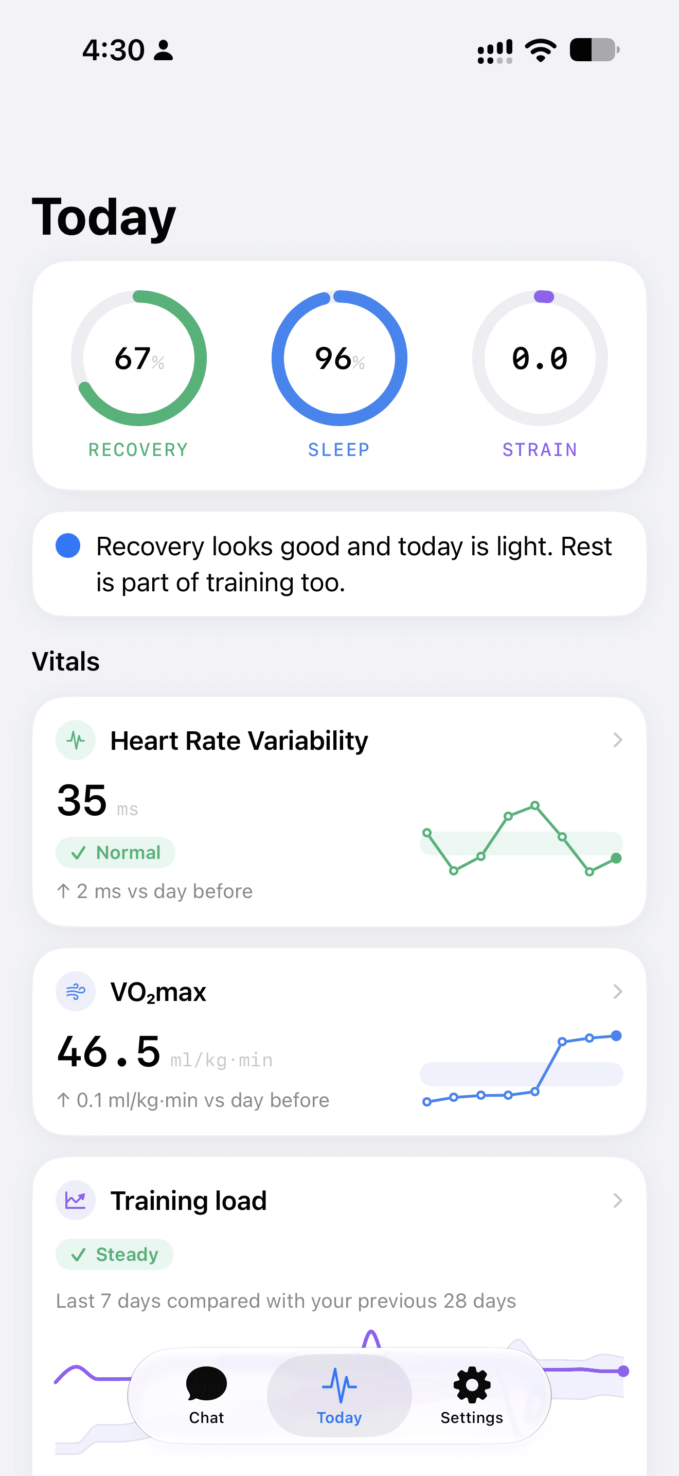 My Rayvik Today screen with Recovery, Sleep and Strain, HRV and a light-day suggestion
