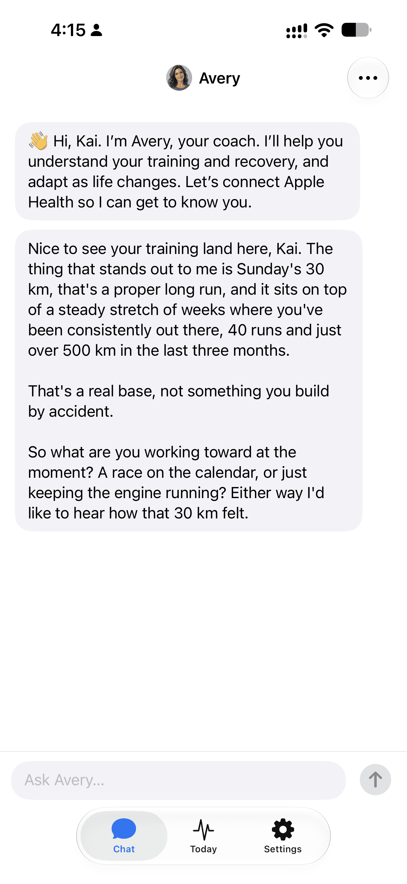 Avery's first reply referencing my 30 km run and training over the previous three months