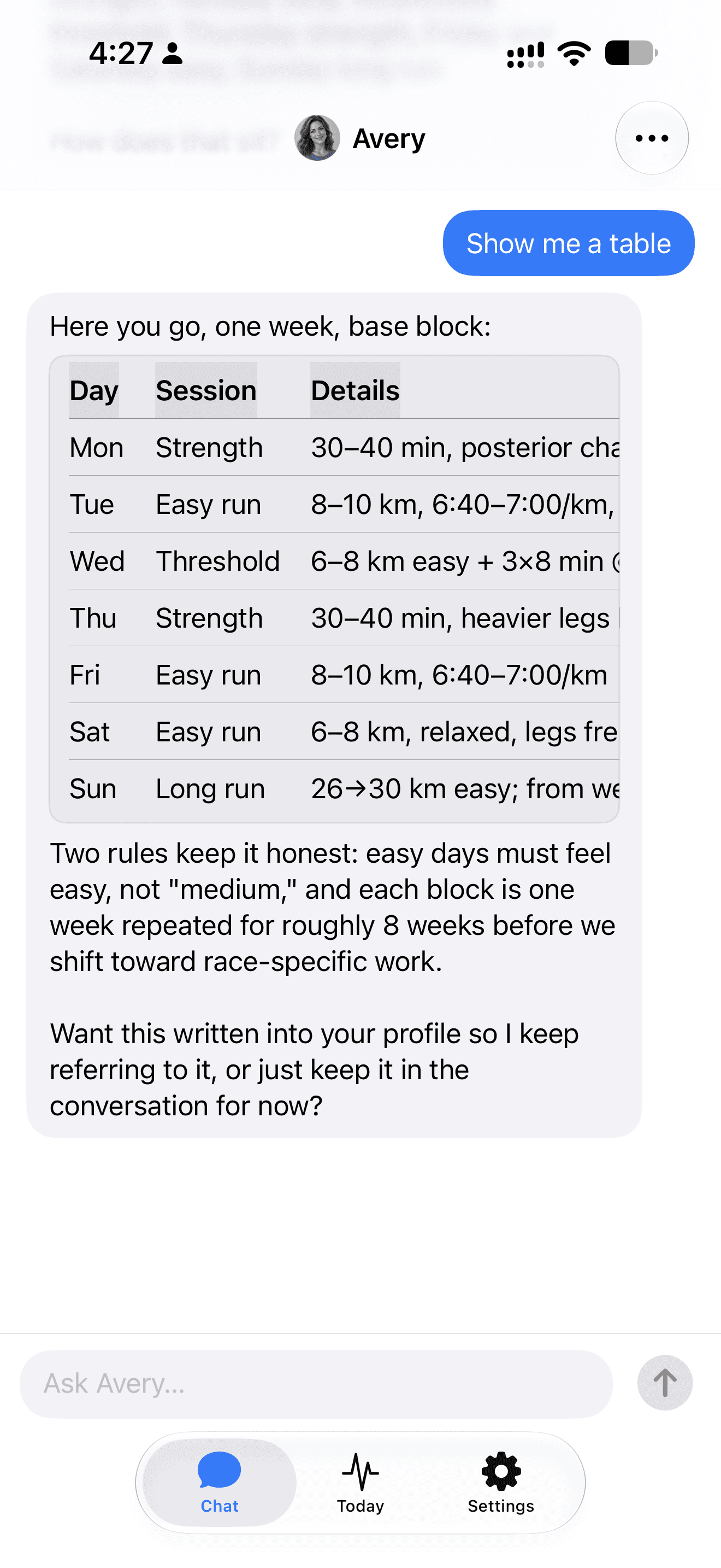 Avery's actual weekly base-block plan with strength, easy runs, threshold work and a long run