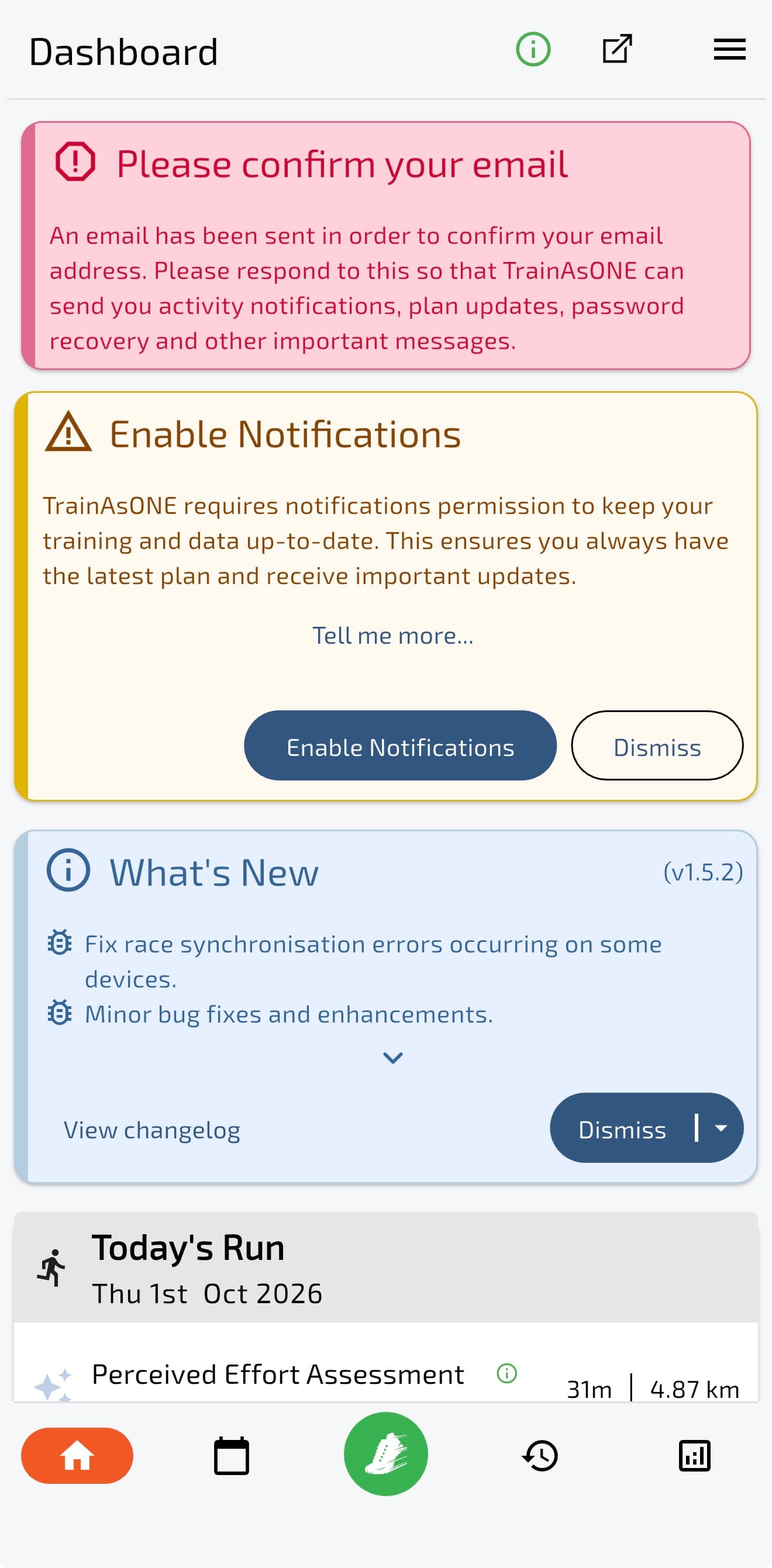 My TrainAsONE dashboard with email, notifications and release-note cards above the day's run