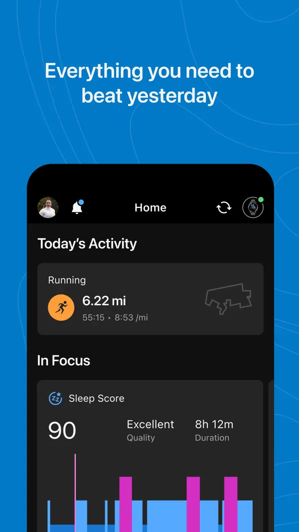 Official Garmin Connect preview showing activity and sleep data