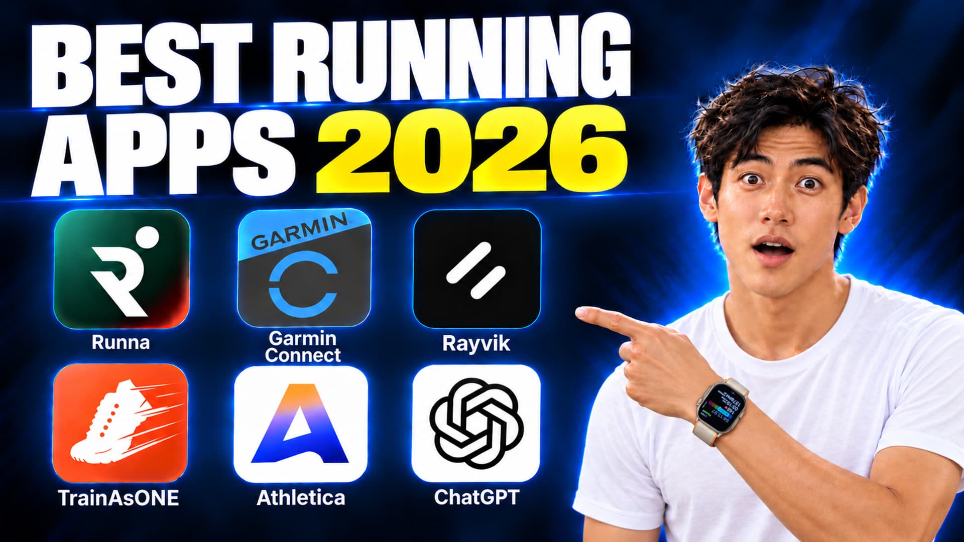 Kai pointing to Runna, Garmin Connect, Rayvik, TrainAsONE, Athletica and ChatGPT, with the title Best Running Apps 2026