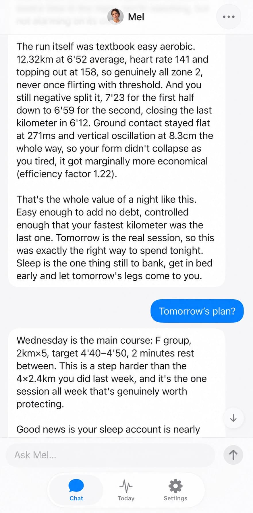 Rayvik conversation with Mel reviewing a completed 12.32 km run, followed by the runner asking Tomorrow’s plan and the coach discussing the next session