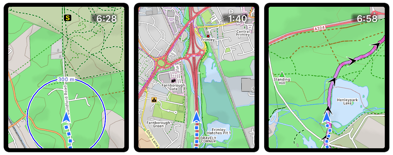 Official WorkOutDoors screenshots showing Apple Watch maps for outdoor navigation