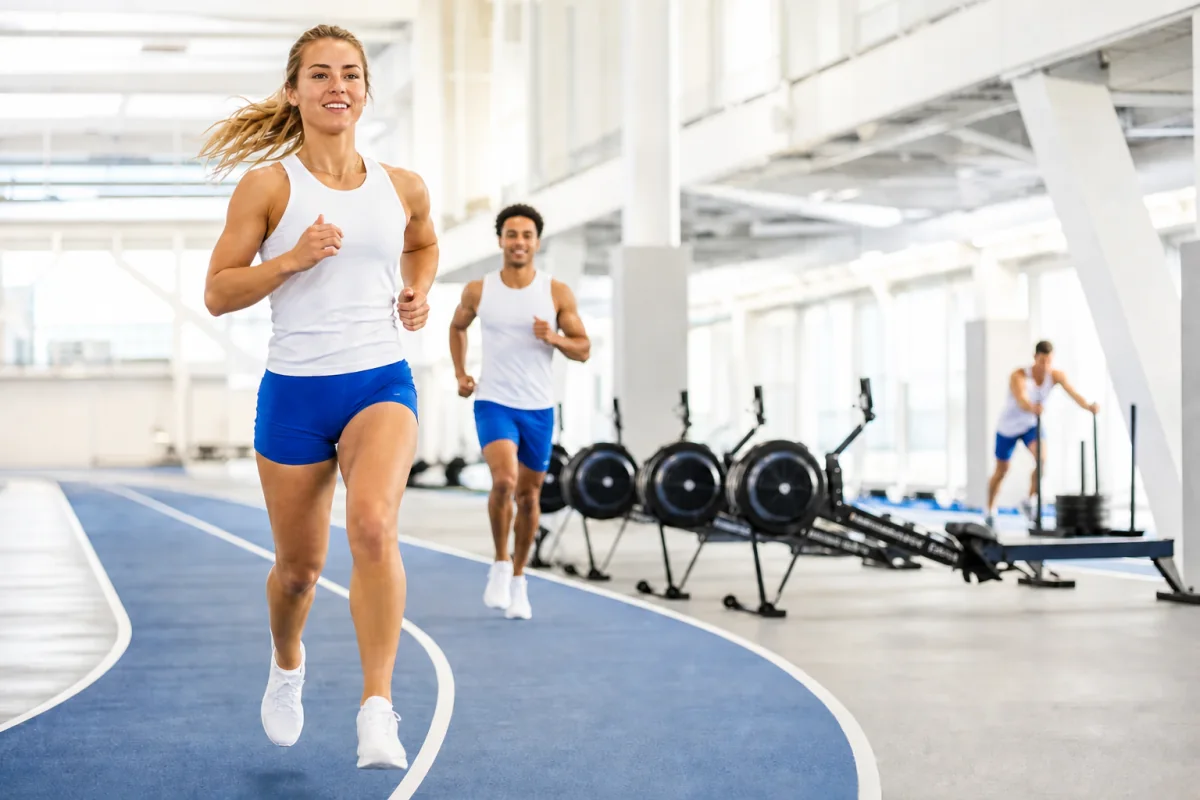 Athletes running through an indoor fitness race venue