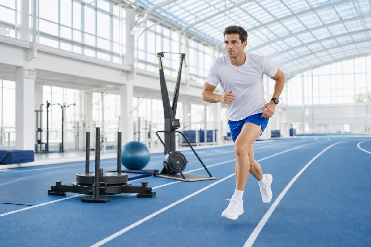 An athlete moving from functional race equipment onto a bright indoor running track