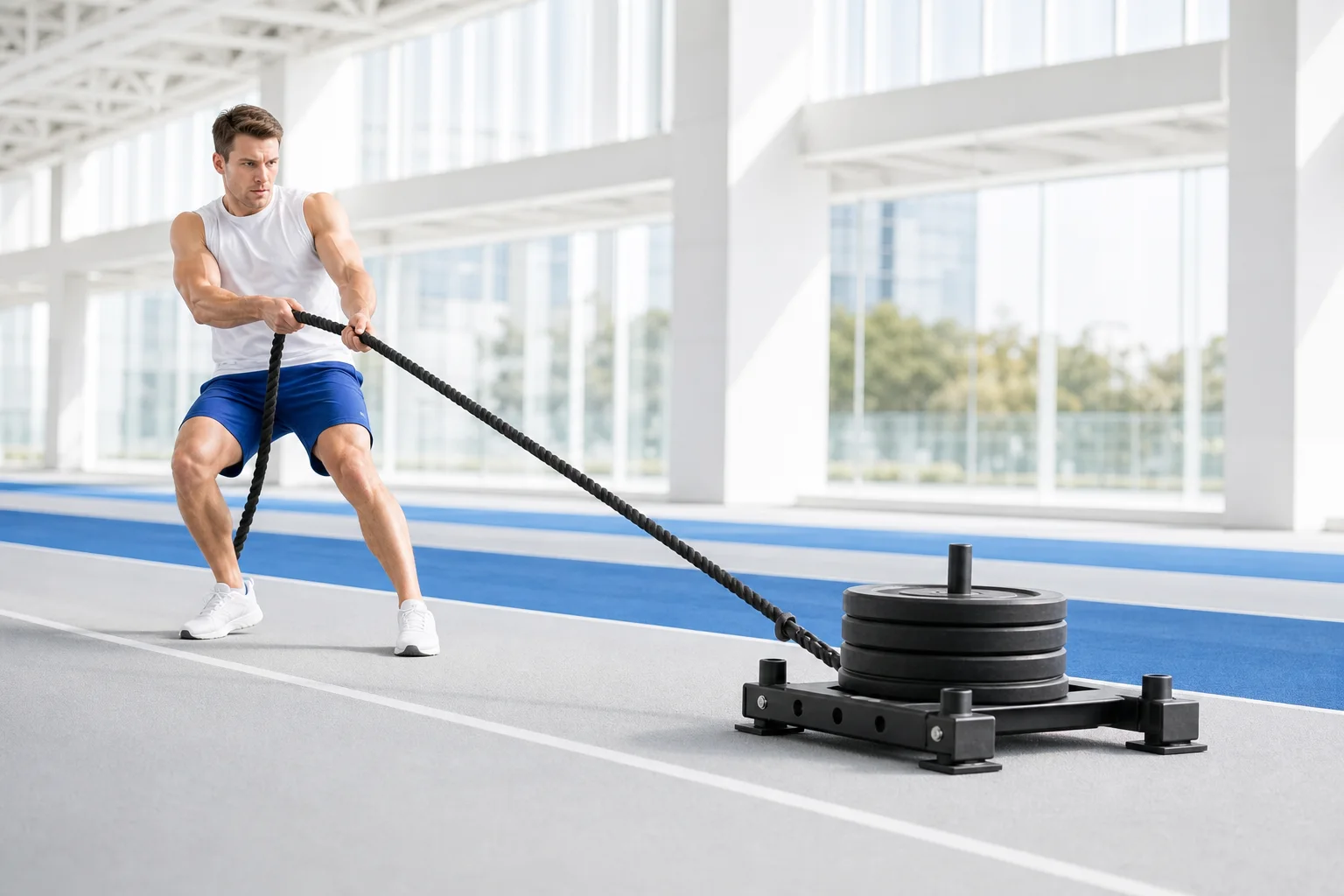 Athlete pulling a weighted sled by rope