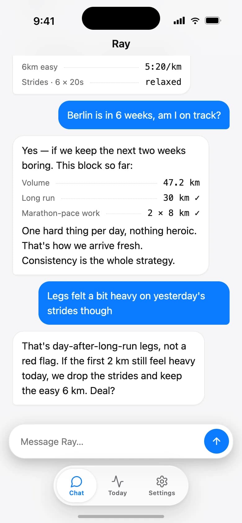 Rayvik coaching conversation turning a runner's natural-language update into a clear training adjustment