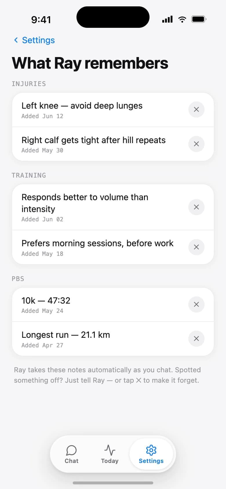 Rayvik memory keeping injury history, goals and training preferences available to future coaching decisions