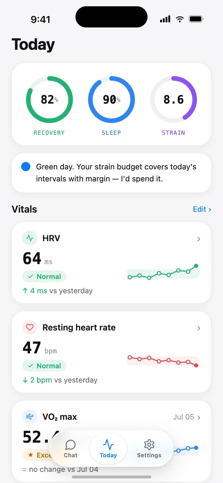 Rayvik Today screen showing Recovery, Sleep and Strain