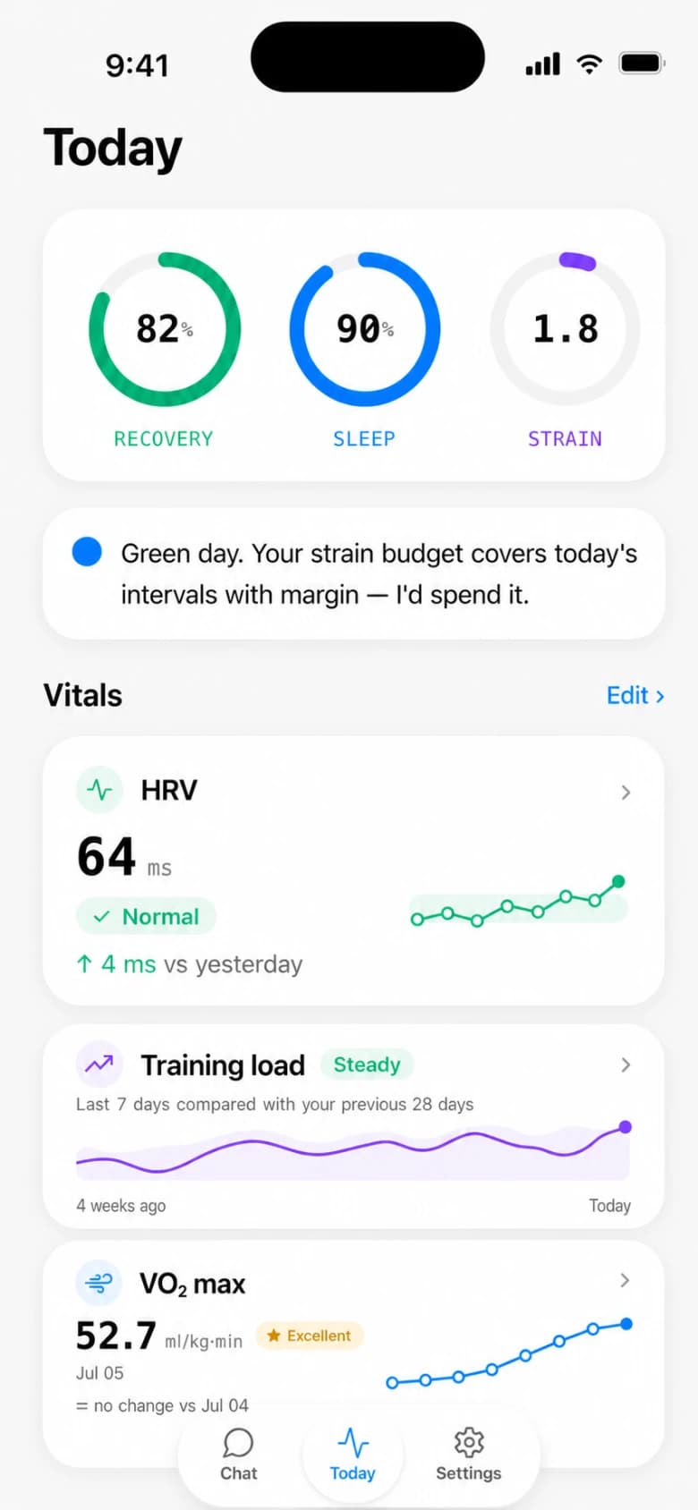 Rayvik Today screen combining recovery, sleep, strain, HRV and training load into a clear recommendation for today's intervals