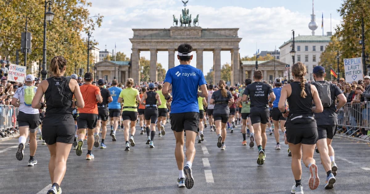 Imagined Berlin marathon scene: a runner in a blue Rayvik shirt in the centre of a crowd approaching the Brandenburg Gate.