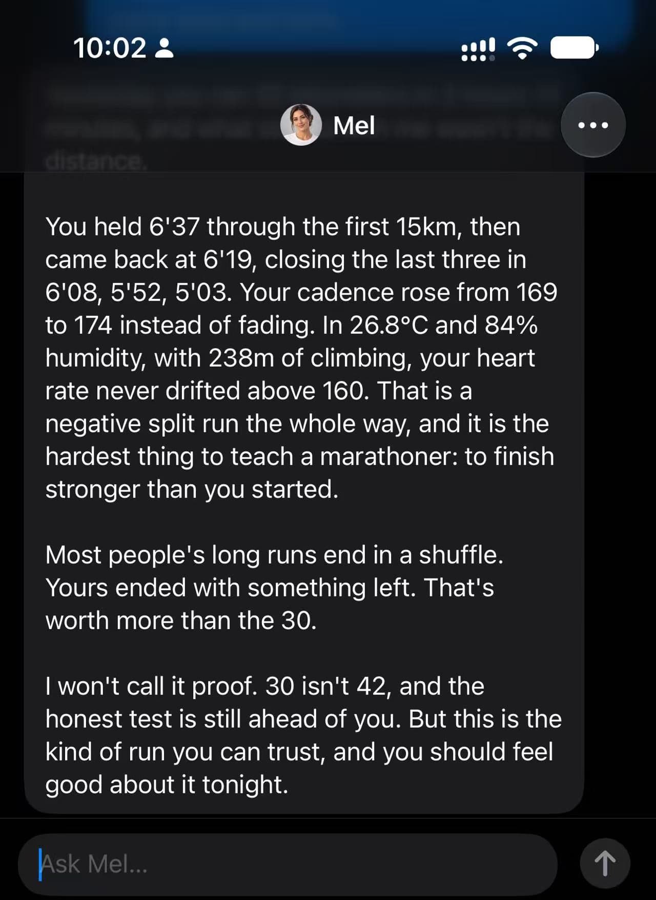 My conversation with Mel in Rayvik after the 30K run, showing her full visible reply and the chat input.