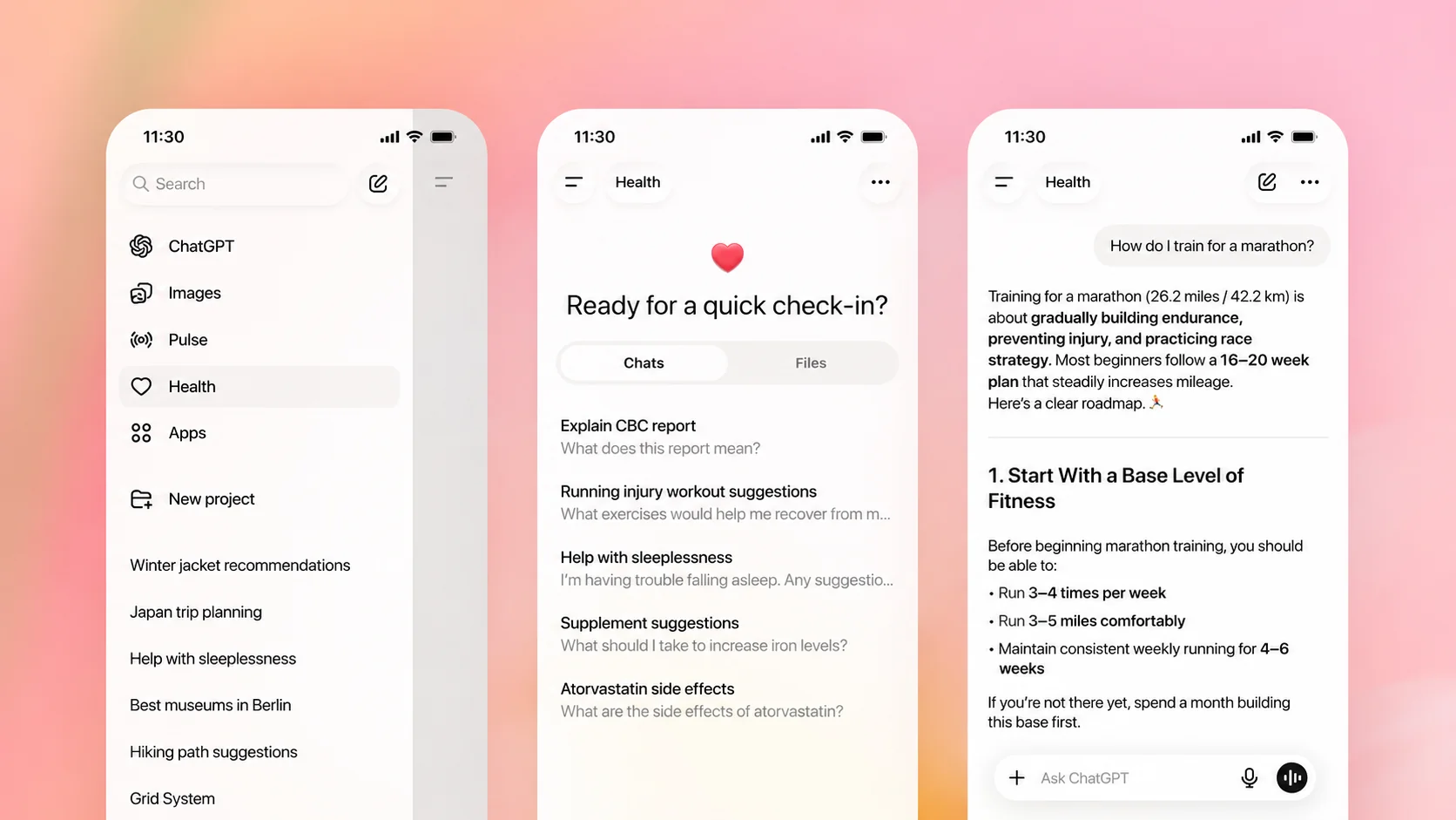 ChatGPT mobile screens showing Health conversations and a beginner marathon training plan
