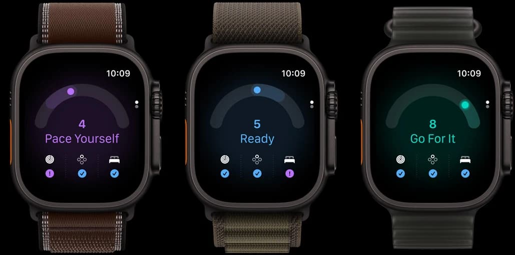 Three Apple Watch Ultra 4 devices showing Readiness scores 4, 5 and 8