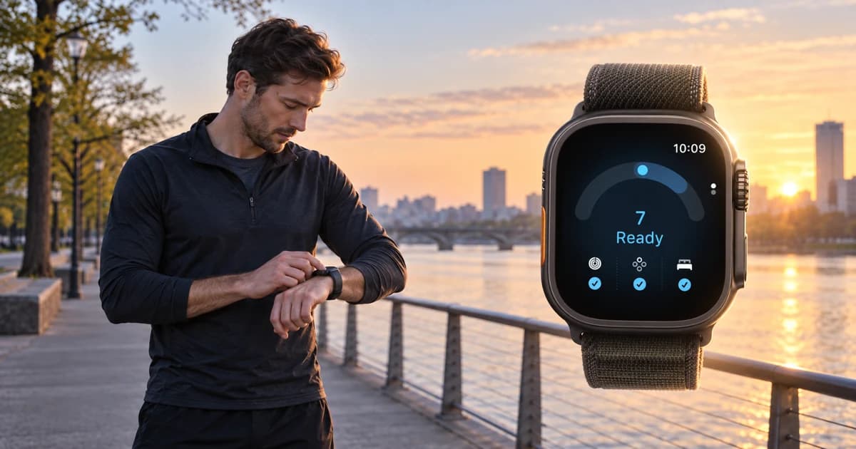 Runner checking a smartwatch before an early-morning training run