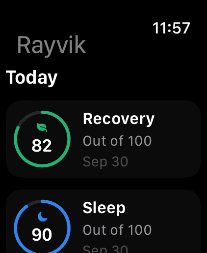 Rayvik Watch app showing Recovery and Sleep with example scores