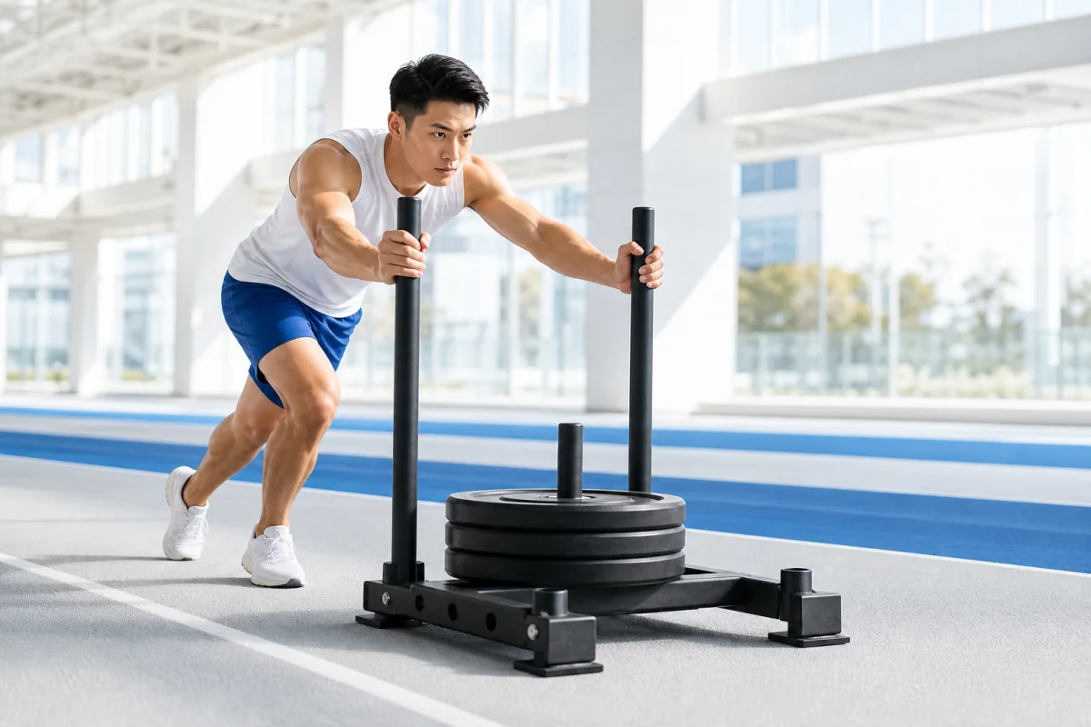 Athlete pushing a weighted sled