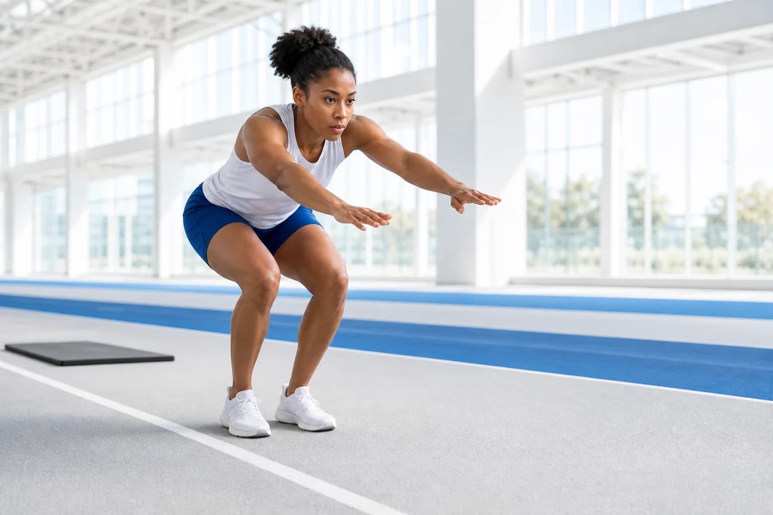 Athlete landing a burpee broad jump