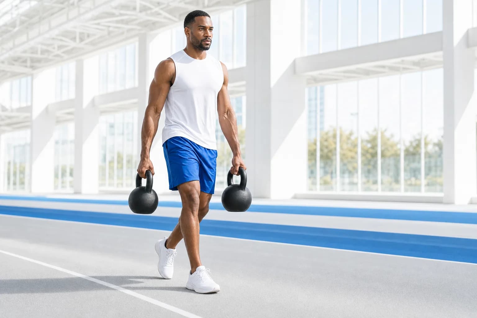 Athlete carrying two kettlebells
