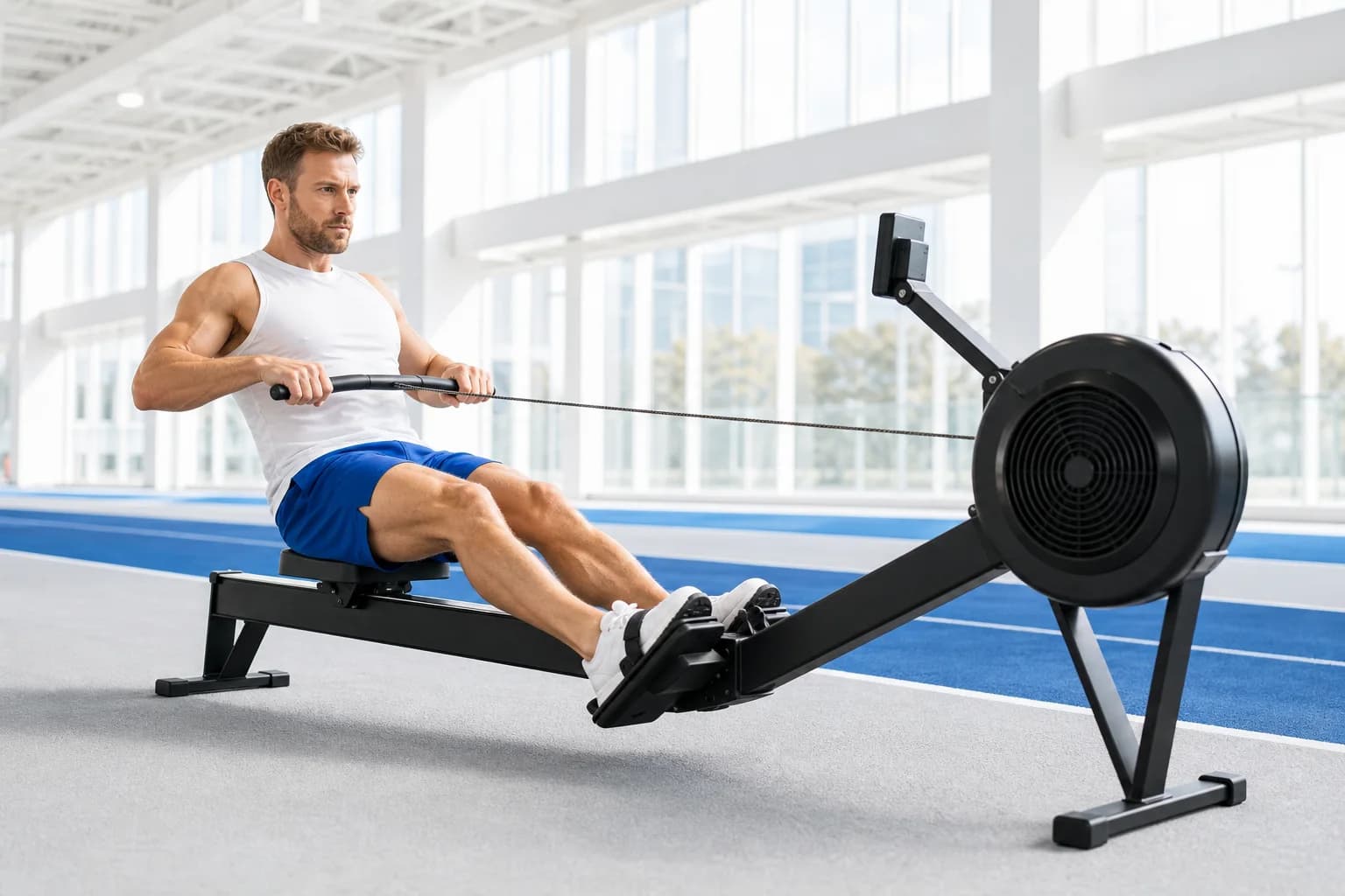 Athlete rowing on an indoor rower