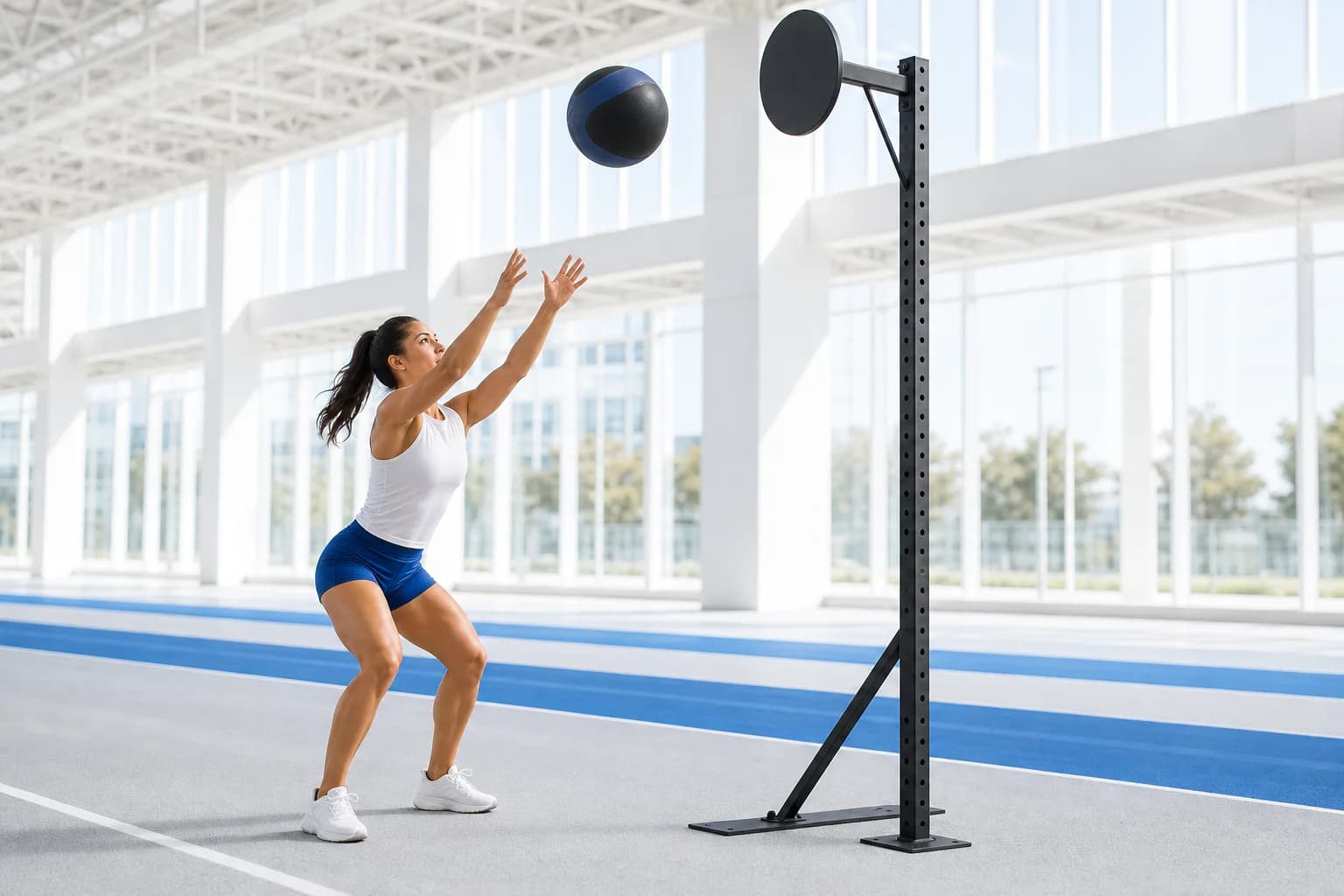 Athlete throwing a wall ball toward a target