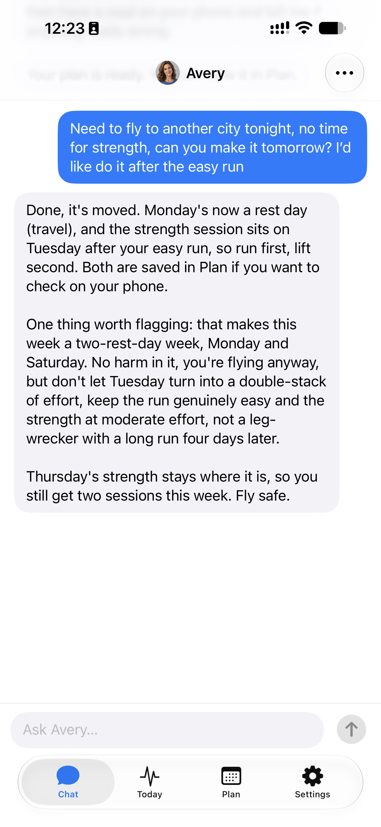 The full conversation where Kai asks to move Monday’s strength session because of travel, and Avery confirms Tuesday after the easy run