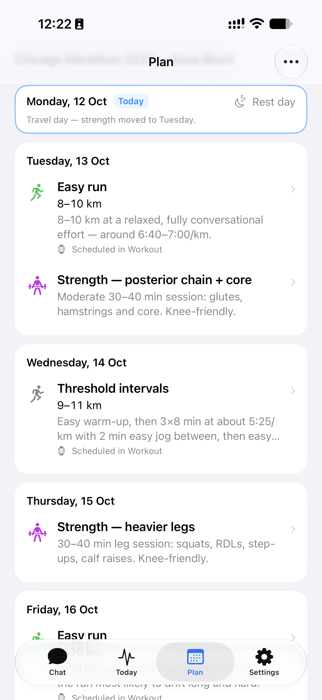 After the change: Monday is a travel rest day and Tuesday has both the easy run and the moved strength session