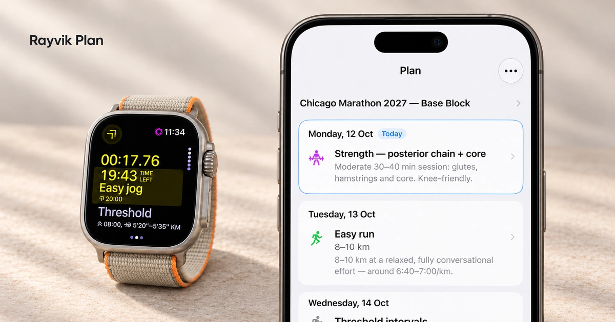 Rayvik Plan: an AI-assisted composition of the training plan on iPhone beside the planned workout on Apple Watch with its light Trail Loop