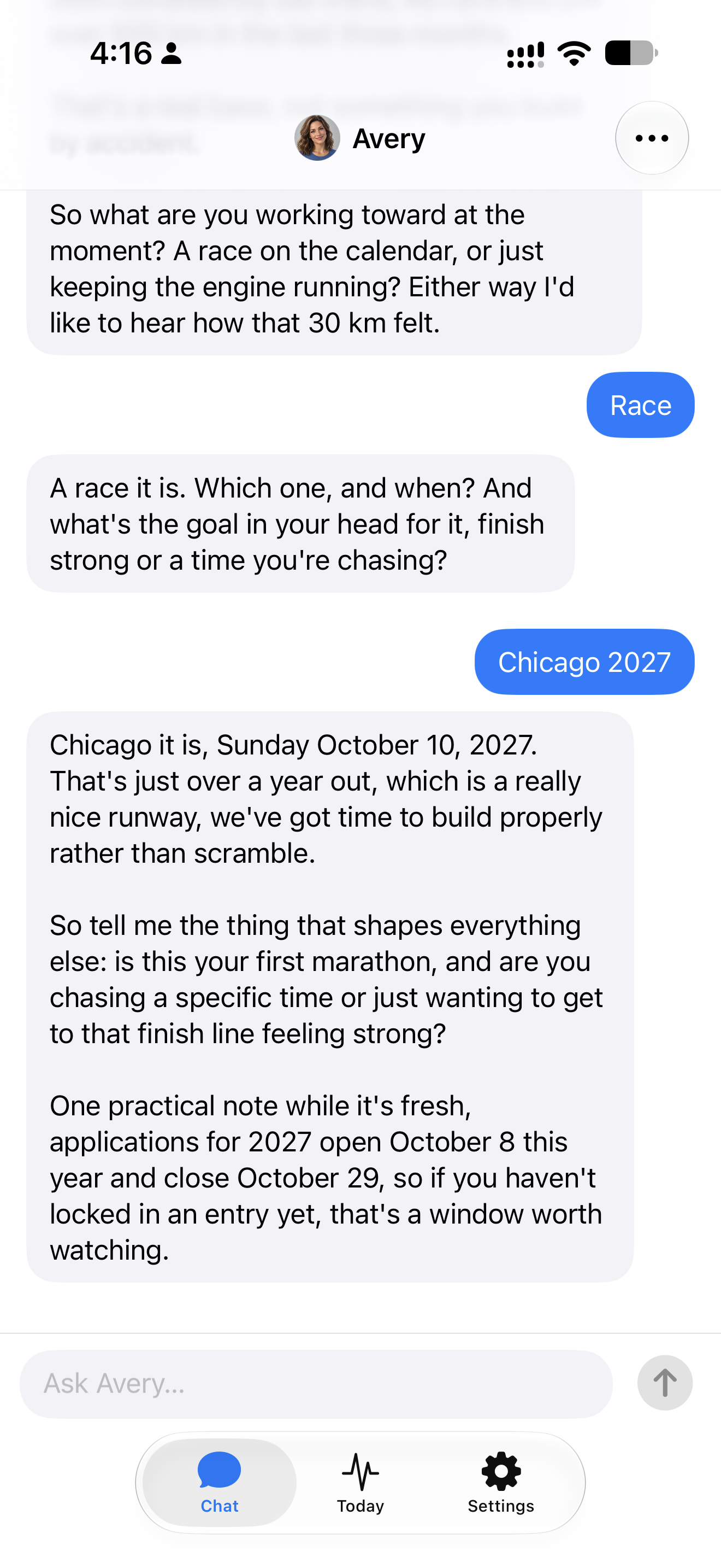 The full conversation screen where Kai chooses Chicago 2027 as his race goal