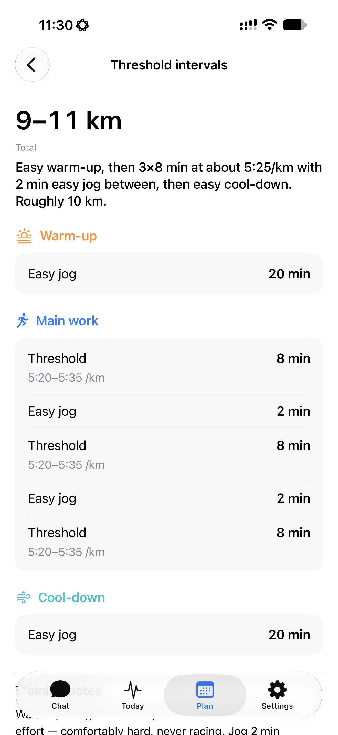A threshold interval session with its warm-up, three efforts, recovery jogs and cool-down
