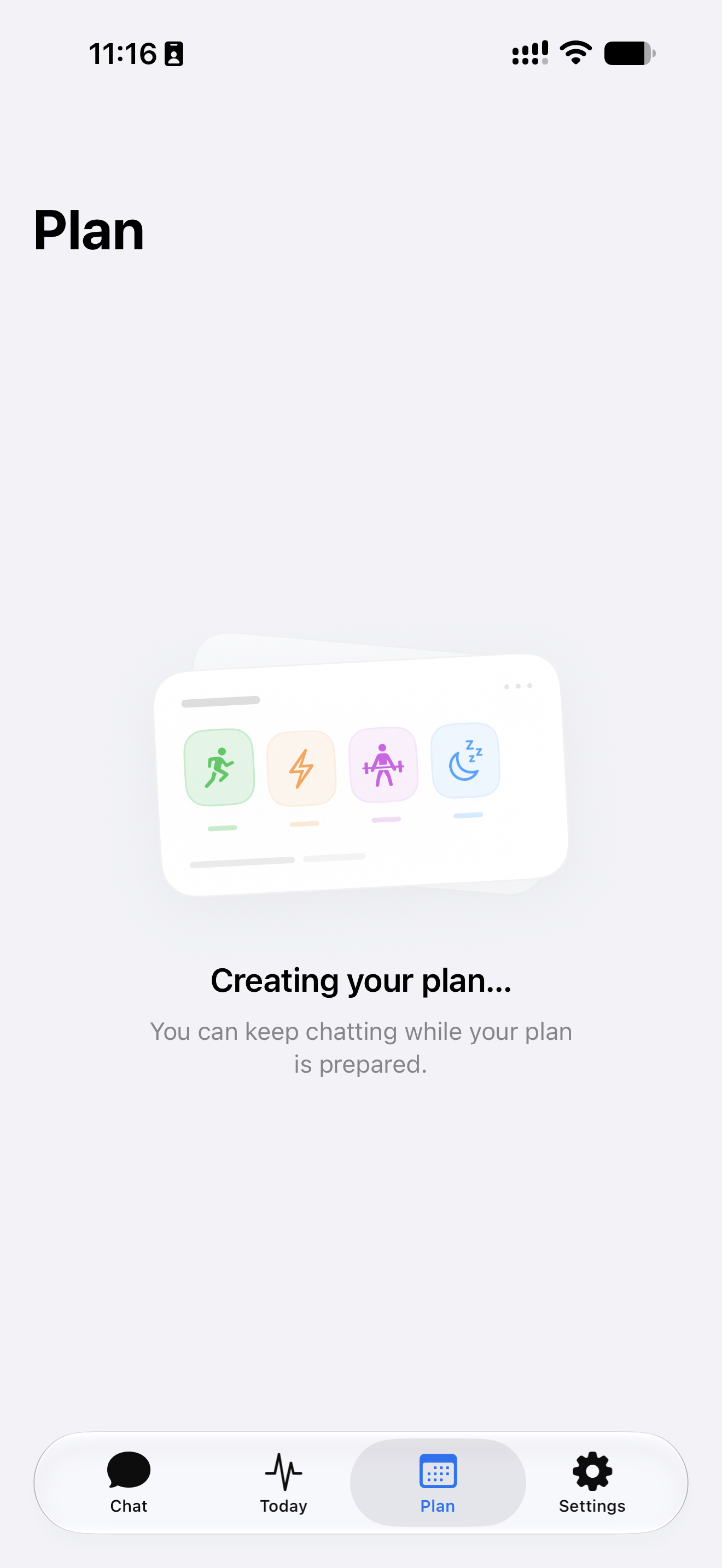 Rayvik Plan displays Creating your plan, with a message that the user can keep chatting while it is prepared