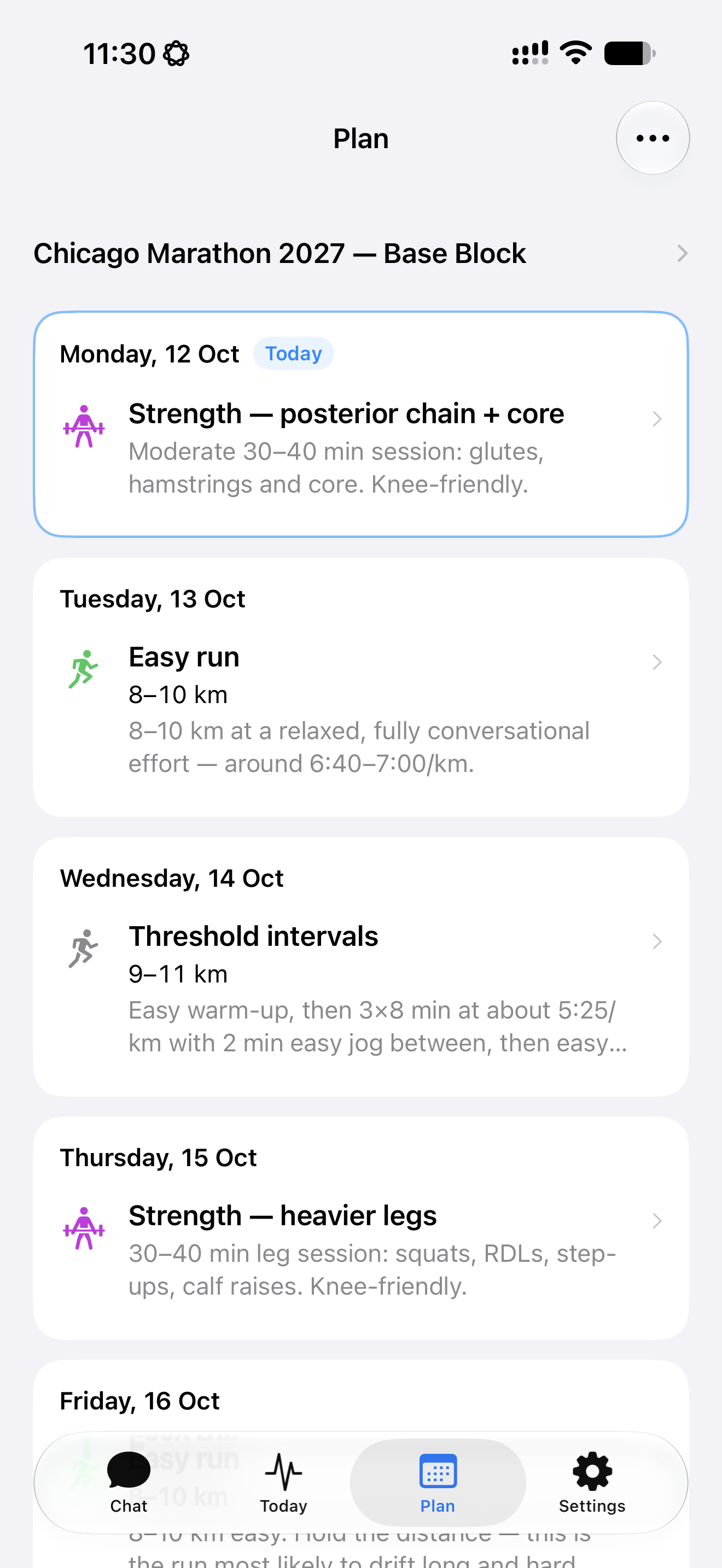 Rayvik Plan showing the Chicago Marathon 2027 base block, with today’s strength session highlighted