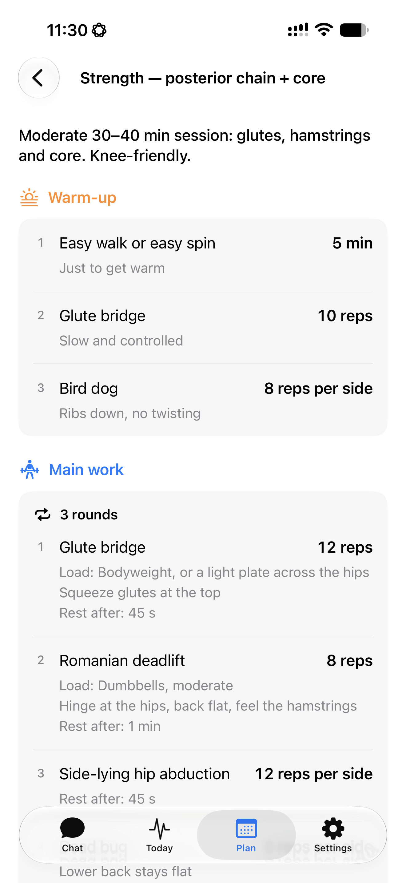A strength session with warm-up exercises, three main-work rounds, repetitions and rest periods