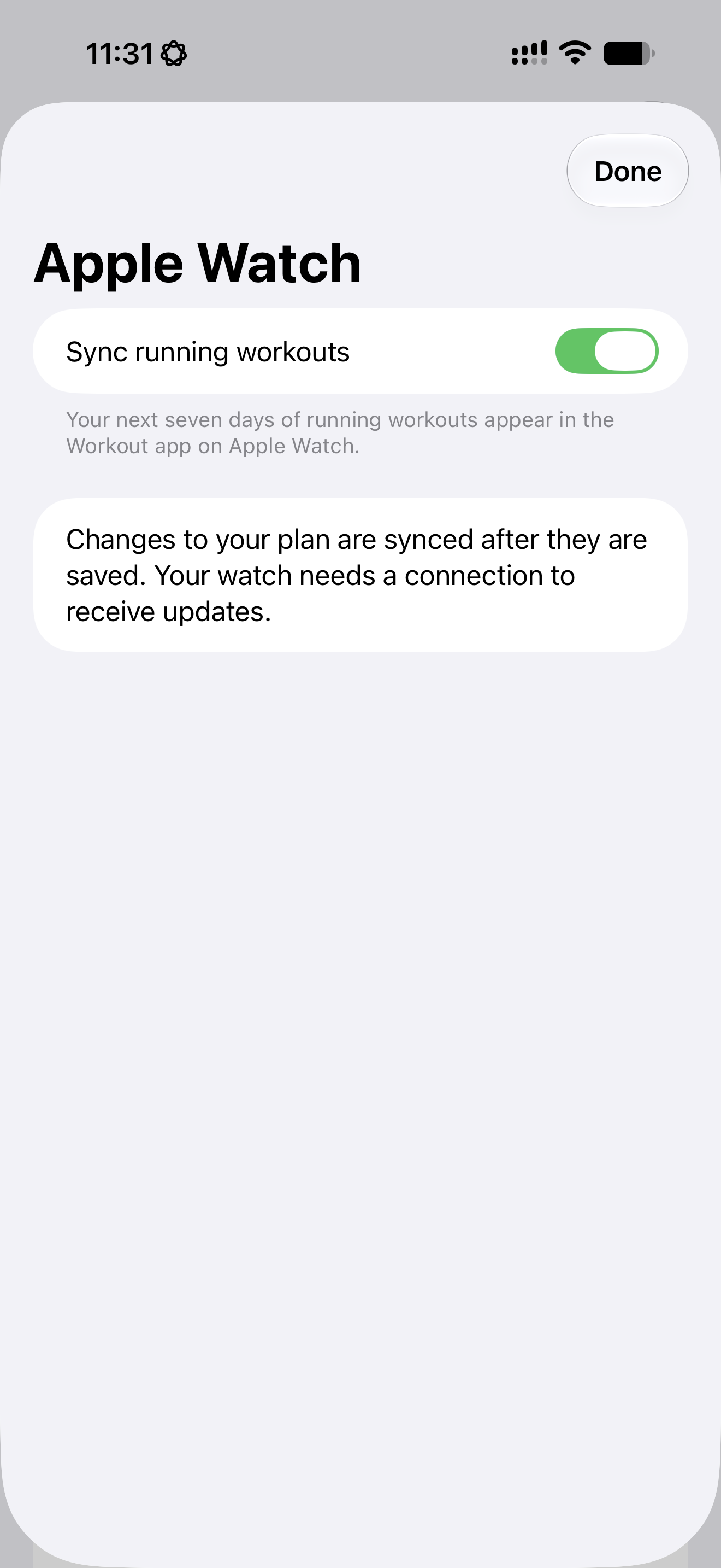 Rayvik’s Apple Watch settings with Sync running workouts enabled